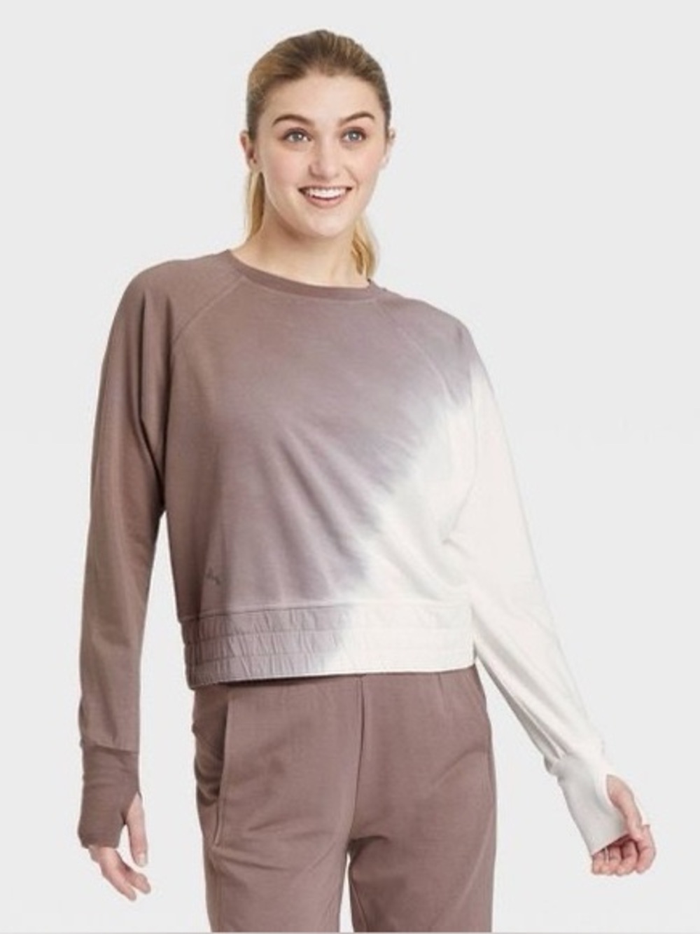 Joy Lab Cropped Sweatshirt Ombre Tie Dye Thumb Holes Brown White Athleisure L